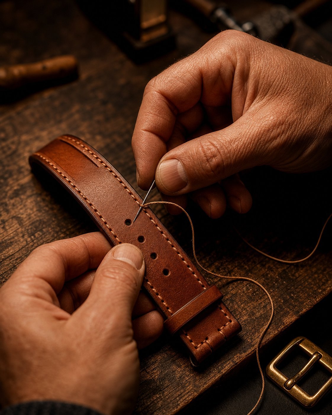 Hands stitching a cognac leather watch strap — AI craftsmanship illustration