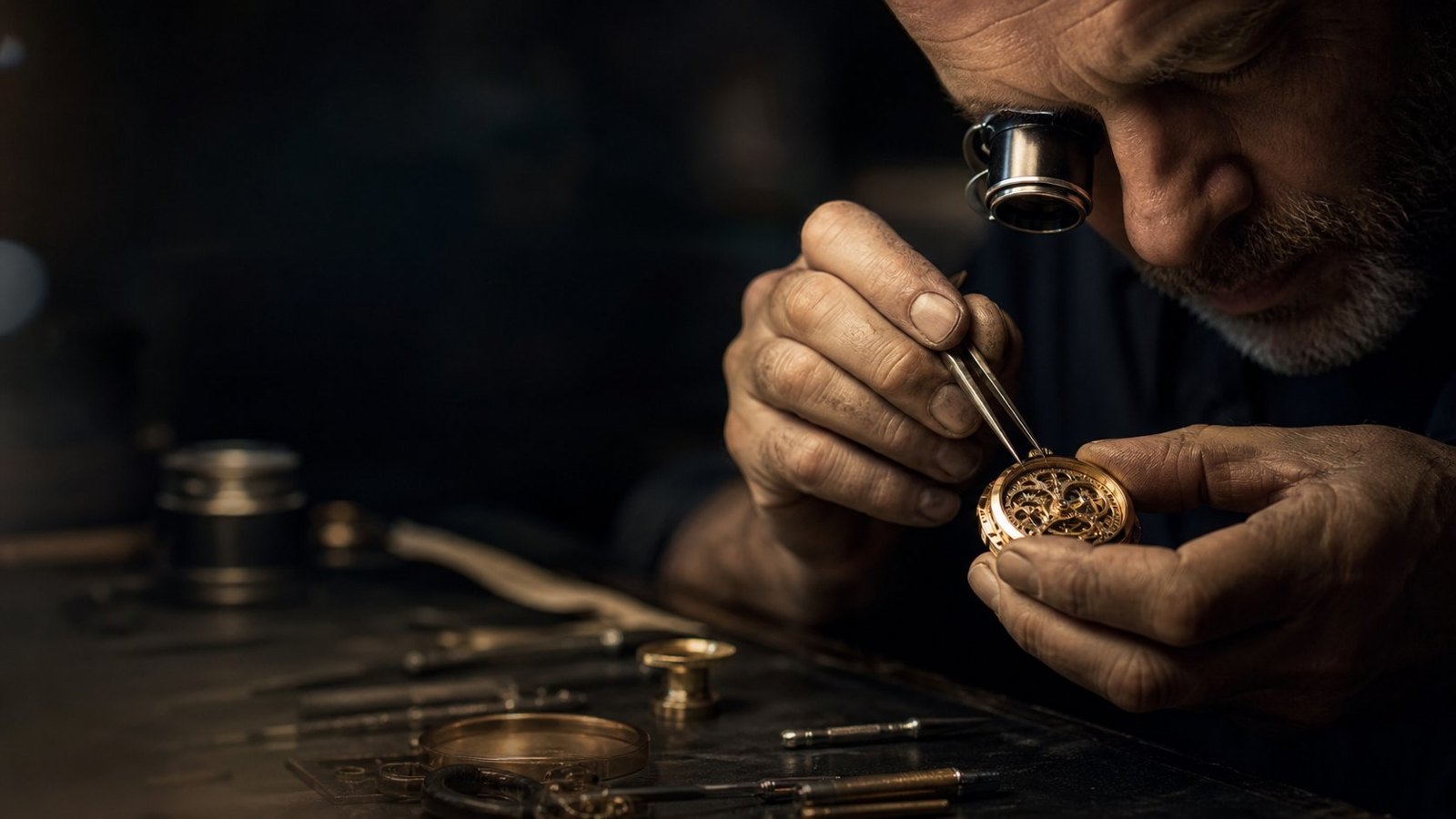 AI-illustrated watchmaker examining a mechanical timepiece at a workbench