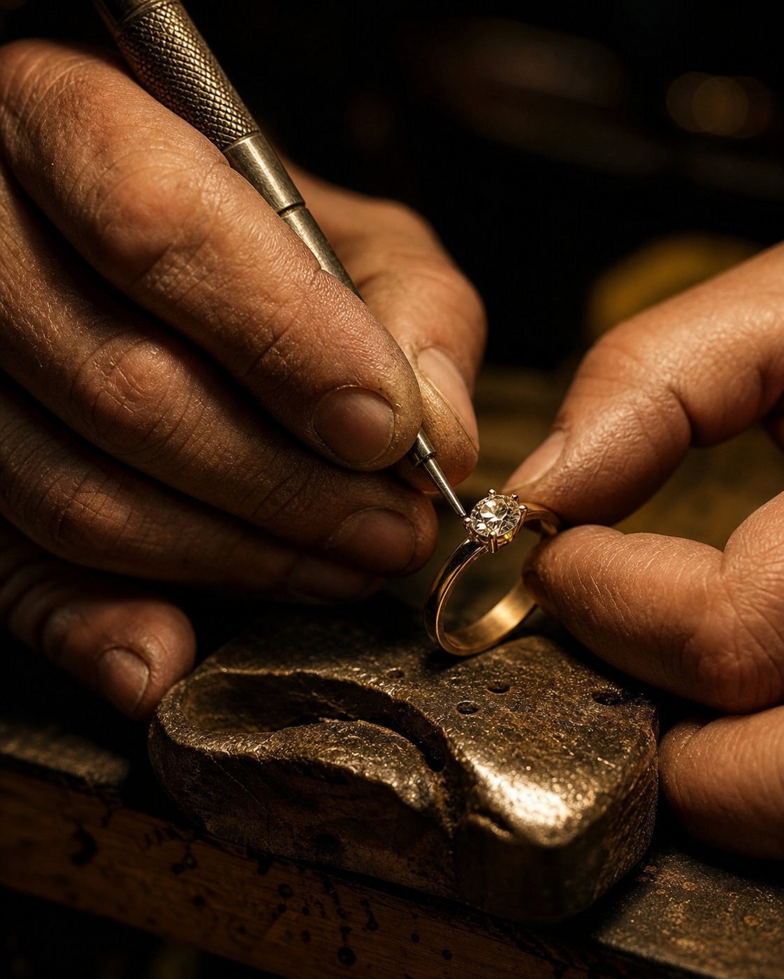 A jeweler setting a gemstone into a gold ring — AI craftsmanship illustration