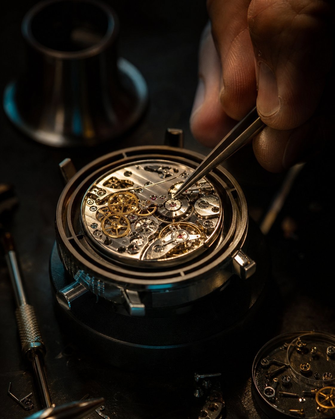 Mechanical watch movement being adjusted with tweezers — AI craftsmanship illustration